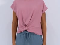 Dried Rose O Neck Front Gather Detailed Crinkle Fabric Women's Crop Top T-Shirt - 97228