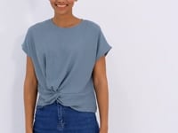 Mint Green O Neck Front Gather Detailed Crinkle Fabric Women's Crop Top T-Shirt - 97228
