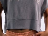 Oversized Crinkled Fabric Women's Crop Top Hoodie with Gray Print T-Shirt - 97229