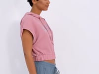 Dried Rose Hooded Printed Waist Elastic Crinkle Fabric Women's Crop Top T-Shirt - 97230