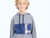 Grey Melange Embroidered Kangaroo Pocket Hooded Regular Fit Boys' Sweatshirt - 11010