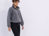 Grey Melange Half Zipper Skirt with Gathered Hem Women's Fleece Oversize Sweatshirt - 97171