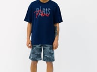 Indigo Yarn Embroidered O Collar Oversize Men's T-Shirt - 88223
