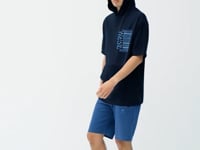 Navy Blue Hooded Print Kangaroo Pocket Oversize Men's T-shirt - 88196