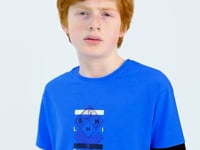 Colored Neck Edge Detailed Printed Oversize Boys' T-Shirt - 11137