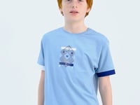 Light Blue Cuff Colored Detailed Printed Oversize Boys' T-Shirt - 11137