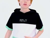 Green Block Color Kangaroo Pocket Hooded Oversize Boys T-Shirt - 11150