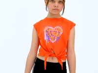Orange Heart Print Front Knot Detailed Comfortable Fit Girls T-Shirt - 75114
