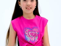 Fuchsia Heart Print Front Knot Detailed Comfortable Fit Girl's T-Shirt - 75114