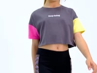Dark Gray Print O Collar Low Shoulder Oversize Girl's T-Shirt - 75130