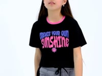 Black Color Print O Collar Oversize Short Sleeve Girl's T-Shirt - 75111