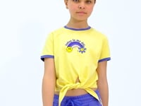 Detailed Print Yellow O-Neck Multi-Colored Tie-Detail Girl's T-Shirt - 75113