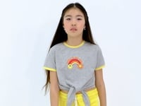 Grey Melange Print Detailed O Neck Multicolor Tie Detailed Girl's T-Shirt - 75113