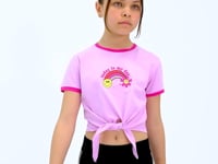 Pink Print Detailed O Collar Multi-Colored Tie Detailed Girl's T-Shirt - 75113