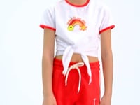 White Print Detailed O Collar Multi-Colored Tie Detailed Girl's T-Shirt - 75113
