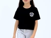 Black Front and Back Printed O Collar Low Shoulder Oversize Short Sleeve Girls T-Shirt - 75126