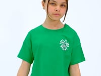 Green Printed Front and Back O Neck Low Shoulder Oversize Short Sleeve Girls' T-Shirt - 75126