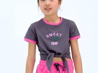 Dark Gray - Sugar Pink O Collar Printed Knot Detailed Relax Fit Girls' Shorts Set - 75132