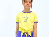 Yellow - Light Lavender O Collar Printed Knot Detailed Relax Fit Girl's Shorts Set - 75132
