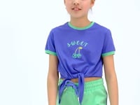Light Purple - Aqua Green O Collar Printed Knot Detailed Relax Fit Girls' Shorts Set - 75132