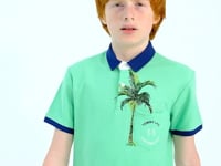 Olive Green Printed Pocket Detailed Standard Fit Polo Collar Boys T-Shirt - 11144