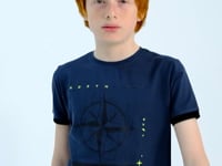 Forest Green Compass Printed Standard Fit O Collar Boys T-Shirt - 11106