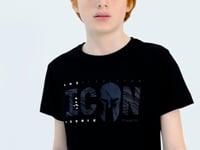 Black Front Embroidered O Collar Standard Fit Men's Kids T-Shirt - 11118