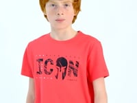 Coral Front Print Embroidered O Collar Standard Cut Boys' T-Shirt - 11118