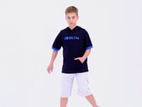 Navy Blue Block Hooded Kangaroo Pocket Oversize Boys T-Shirt - 11148
