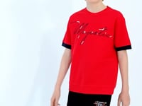 Red Front Letter Embroidered O Collar Oversize Boys T-Shirt - 11147