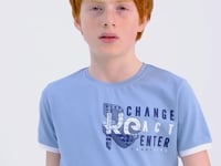 Light Blue Print Detailed Color Blocked Standard Fit O Collar Boys T-Shirt - 11107