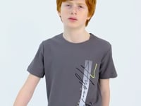 Dark Grey Print O Collar Standard Fit Boys' T-Shirt - 11119