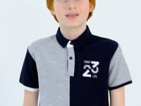 Grey Melange Color Block Embroidered Detailed Standard Pattern Polo Collar Boys T-Shirt - 11108