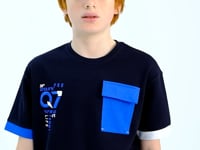 Navy Blue O Collar Oversize Pocket Detailed Boys' T-Shirt - 11152
