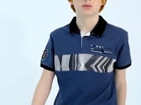 Forest Green Striped Print Detailed Polo Collar Standard Cut Boys' T-Shirt - 11162