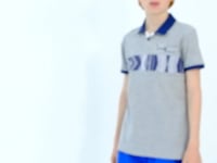 Grey Melange Stripe Print Detailed Collar Standard Pattern Boys' T-Shirt - 11162