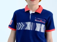 Indigo Striped Print Detailed Polo Collar Standard Cut Boys' T-Shirt - 11162