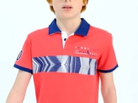 Coral Striped Print Detailed Polo Collar Standard Pattern Boys T-Shirt - 11162