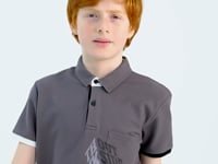 Dark Grey Front Detailed Print Standard Fit Polo Collar Boys' T-Shirt - 11102