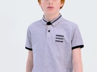 Grey Melange Collar Color Block Print Detailed Standard Cut Boys T-Shirt - 11111