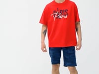 Red Embroidered Letter O Collar Oversize Men's T-Shirt - 88223