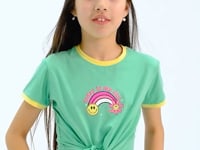 Olive Green Print Detailed O Neck Multi-Colored Tie Detailed Girl's T-Shirt - 75113