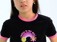 Black Print Detailed O Collar Multi-Colored Tie Detailed Girl's T-Shirt - 75113