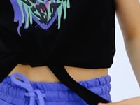 Black Heart Print Front Knot Detailed Comfortable Fit Girls' T-Shirt - 75114