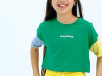 Green Print O Collar Low Shoulder Oversize Girl's T-Shirt - 75130