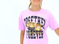 Pink Teddy Bear Print O Collar Oversize Short Sleeve Girls' T-Shirt - 75116