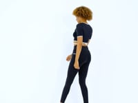 Black Waist Tie Detailed O Collar Standard Cut Diver Fabric Women's Crop T-Shirt - 97266