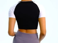 Black Color Block Logo Printed O Collar Slim Fit Women's Crop T-Shirt - 97270