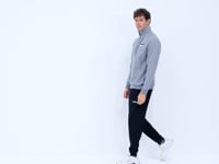 Grey Melange - Black Stand Collar Half Zippered Hidden Pocket Detailed Relax Fit Men's Tracksuit Set - 85221