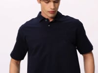 Navy Blue Cotton Thick Soft Textured Polo Collar Oversize Fit Basic Men's T-Shirt - 88382